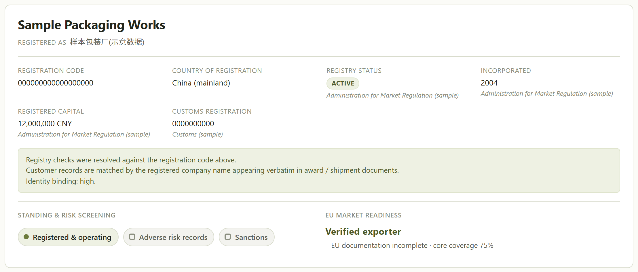 A supplier identity card: English name, the registered Chinese name beside it, registration code, registry status, incorporation year, capital and customs registration &mdash; each line naming the authority that recorded it.